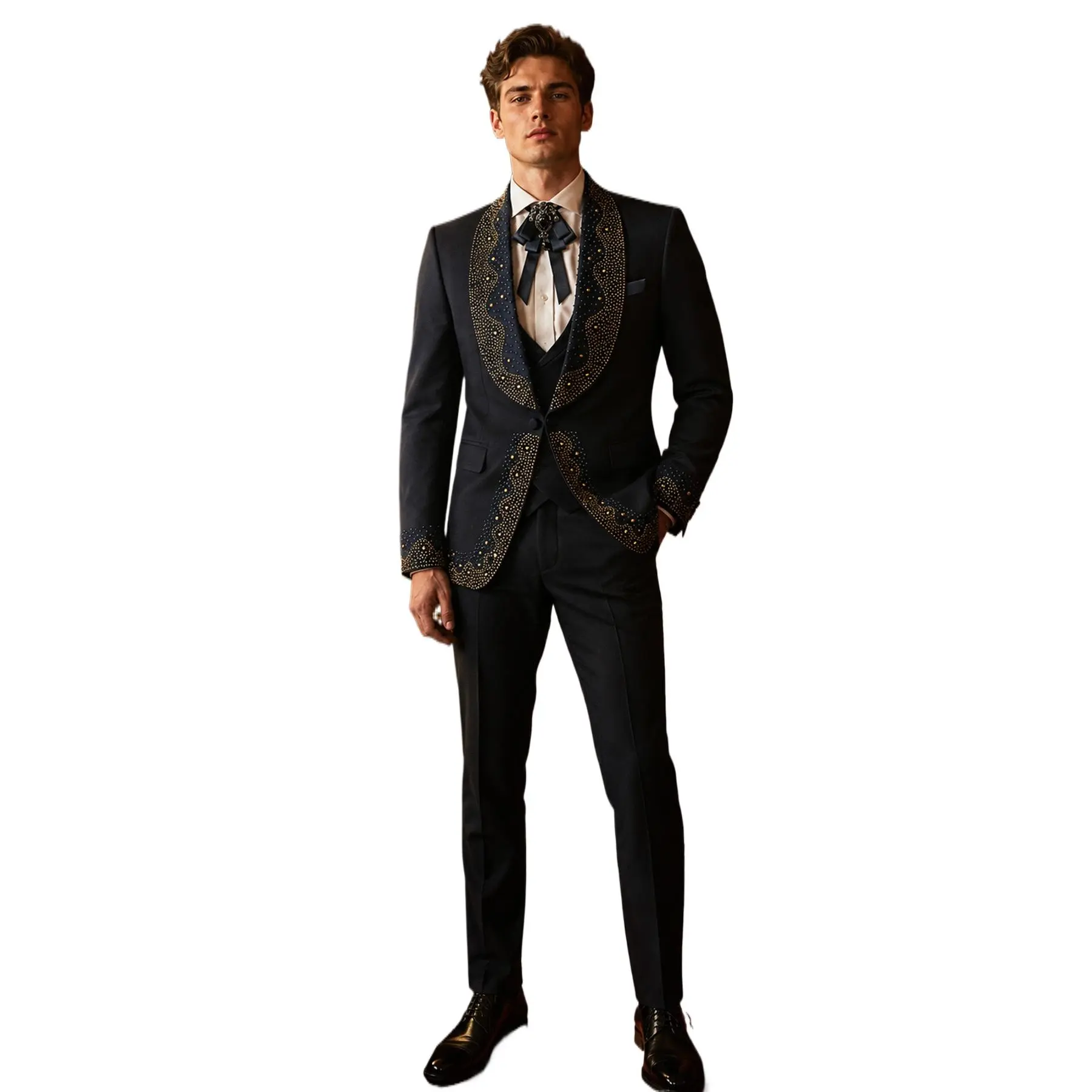 Men's 3-Piece Rhinestone Tuxedo Suit - Slim Fit Shawl Collar Blazer, Vest & Pants - Sparkling Formal Outfit for Prom, Wedding, Red Carpet & Party