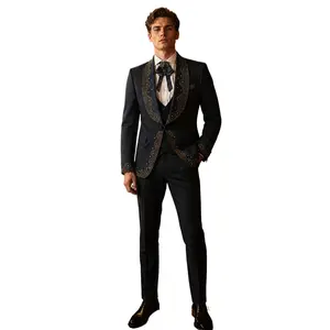 Men's 3-Piece Rhinestone Tuxedo Suit - Slim Fit Shawl Collar Blazer, Vest & Pants - Sparkling Formal Outfit for Prom, Wedding, Red Carpet & Party