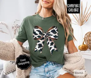 Cow Bow Shirt, Coquette Cow Tee, Trendy Women's Tshirt