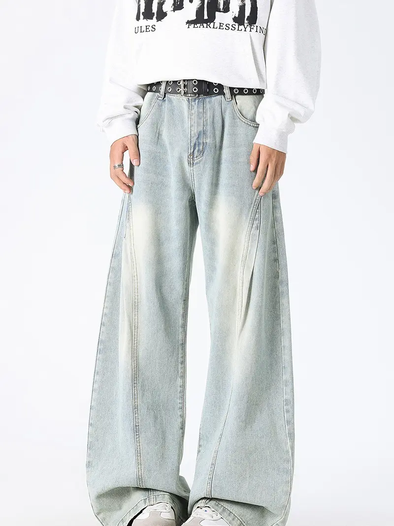 distressed mud-dye gradient loose denim  for men and women, featuring 3D stitched seams and a floor-length wide-leg design y2k style hem streetwear jean baggy