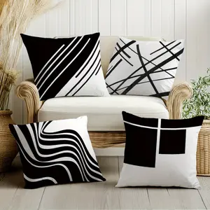 4pcs Black & White Geometric Abstract Pillow Covers - Modern Minimalist Design, Polyester, Machine Washable, Zip Closure, Perfect for Living Room, Bedroom, or Office Decor, Office Decor Pillows | Minimalist Decor | Zippered Pillowcase, Decorative Pillows