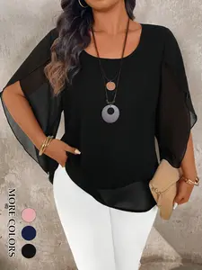 Women's Plus Size Elegant Blouse Sheer Overlay Split Cape Sleeve Double Layer Flowy Tunic Office Workwear Evening Party Formal Outfits Trendy Tops