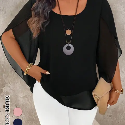 Women's Plus Size Elegant Shirts Sheer Overlay Split Cape Sleeve Double Layer Flowy Tunic Office Workwear Evening Party Formal Outfits Blouses Shirts Trendy Tops Elegance
