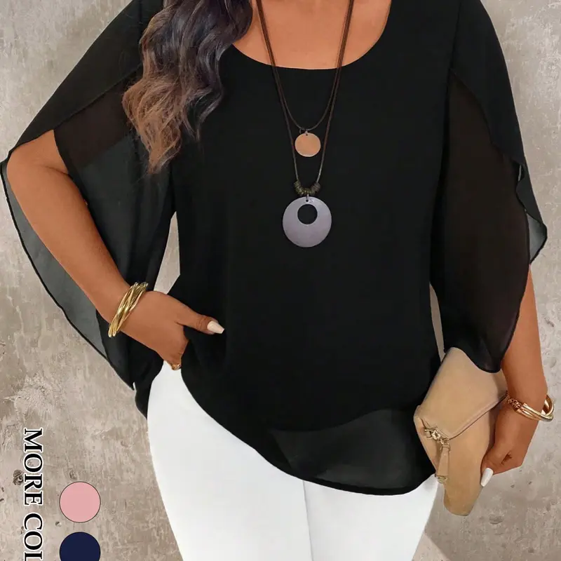 Women's Plus Size Elegant Shirts Sheer Overlay Split Cape Sleeve Double Layer Flowy Tunic Office Workwear Evening Party Formal Outfits Blouses Shirts Trendy Tops Elegance