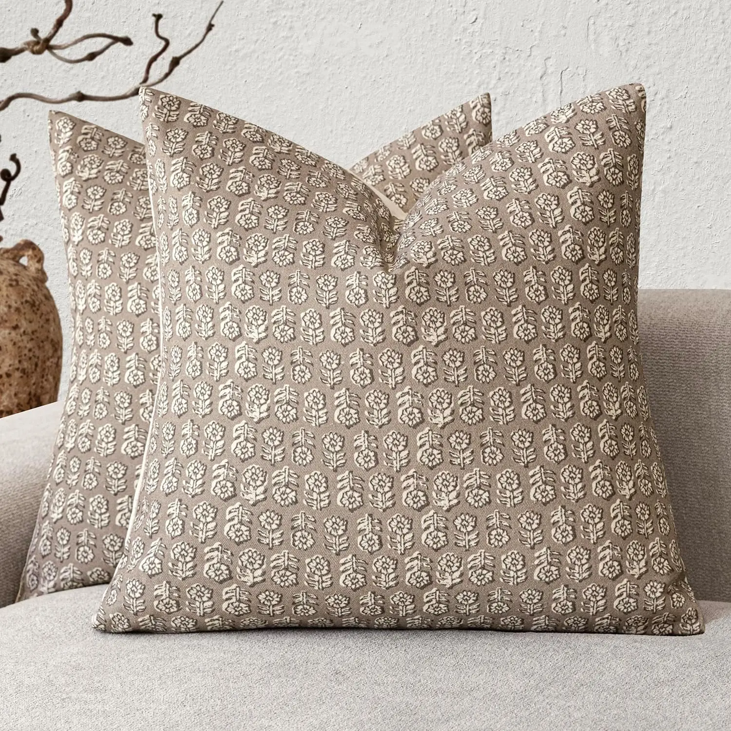 2-Pack Vintage Neutral Floral Print Throw Pillow Covers - Tan Taupe Farmhouse Boho Accent Cushion Covers for Living Room, Sofa Couch, 20×20 in (Ideal for Room & Vintage Home Decor), Room Decor