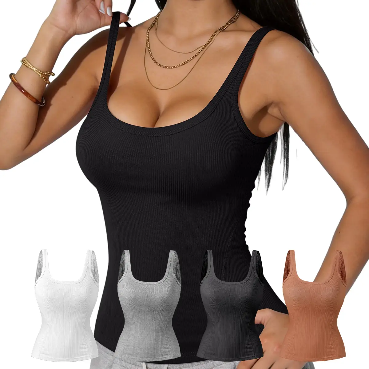 Women's Plus Size Ribbed Knit Cami Tops 2/3-Pack, U-Neck Wide Strap Sleeveless Lightweight Elastane Fabric Compression Slim Shaping Foldable Summer Tanks (1XL-5XL)