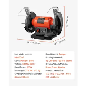 VEVOR Bench Grinder, 8-inch Variable Speed Bench Grinder, 2000-3450RPM Table Grinders with 550W 5.0A Induction Motor, 36/60-Grit Grinding Wheel Adjustable Eye Shield for Sharpening Grinding