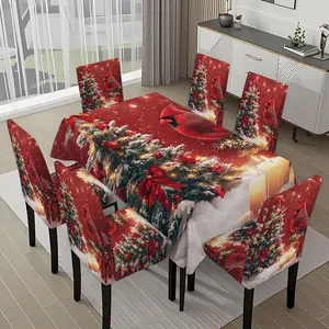 5/7-piece 2D Flat Printing Merry Christmas Red Cardinal Candles Christmas Tree Printing Pattern Tablecloth and Chair Cover Set, for dining table and chair decoration, perfect for home, holiday gatherings, restaurants, and parties.