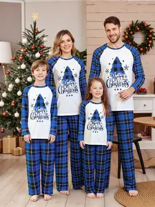 Family Matching Pajamas Sets Christmas Tree Printed Long Sleeve Tops With Plaid Pants 2Pcs Family Adults And Kids Holiday Sleepwear Set