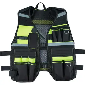 Swiilpo Reflective Safety Tool Vest with Removable Phone Holder,Retractable Pen Holder for Electrician,Carpenters,Construction(Lime) Heavy Duty Carpenter Tool Belt with Suspenders Hard Hat StorageQuesear