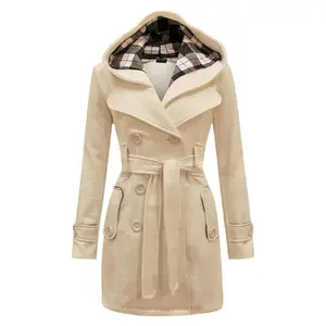 Hooded Wool Coat With Belt Long Sleeve Lapel Double Breasted Button Overcoat