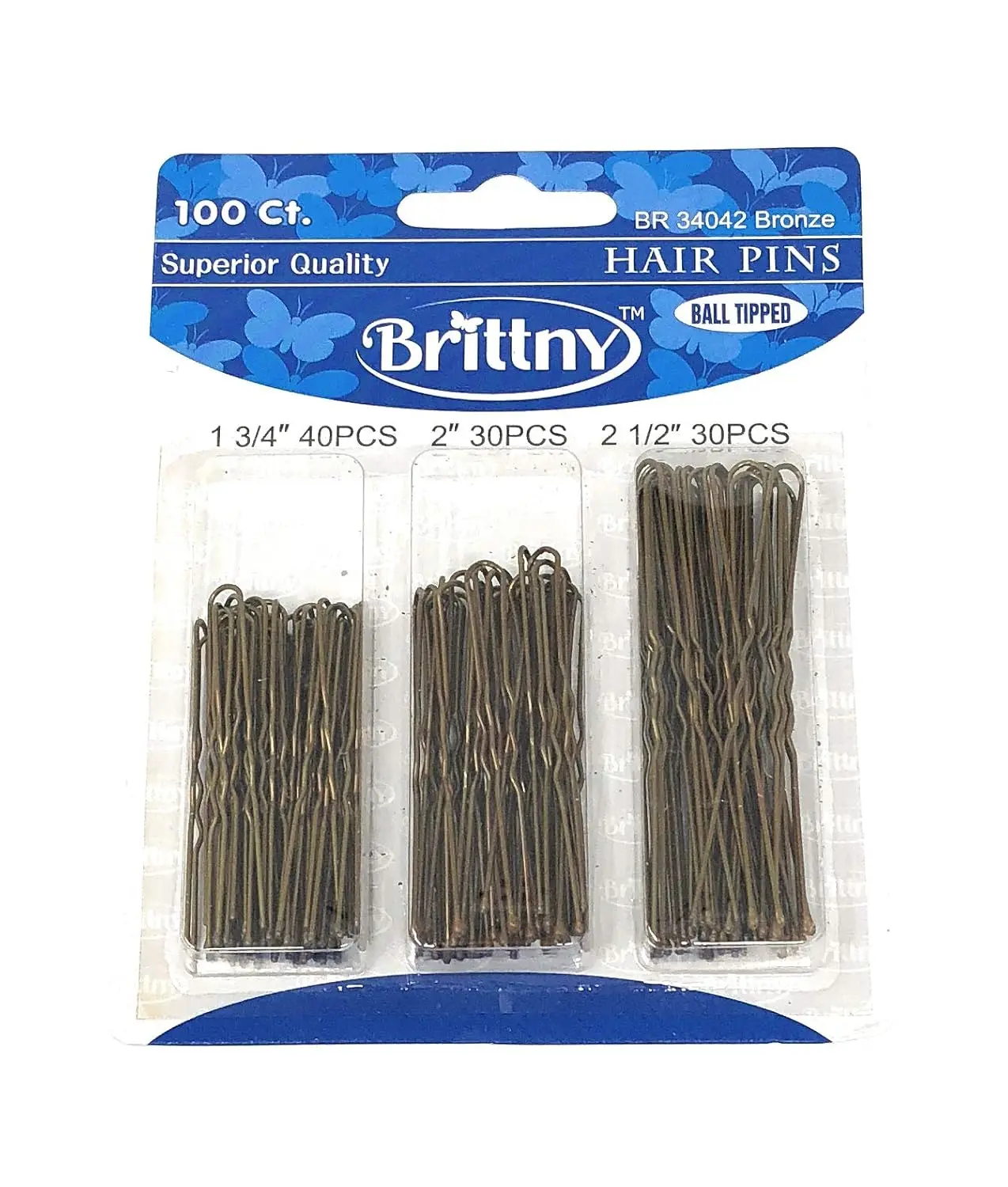 Brittny Ball-Tipped Bronze Gender-Neutral Bobby Pins, Assorted Sizes, 100-Piece Packaged Hair Pins, Gender-Neutral Hair Pins