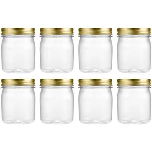 8 oz Clear Plastic Jars with Airtight Lids, 8 Pack Plastic Mason Jars with Lids 8oz, Refillable Storage Slime Containers & Small Spice Jar for Kitchen Organization (8 Pack,Gold)