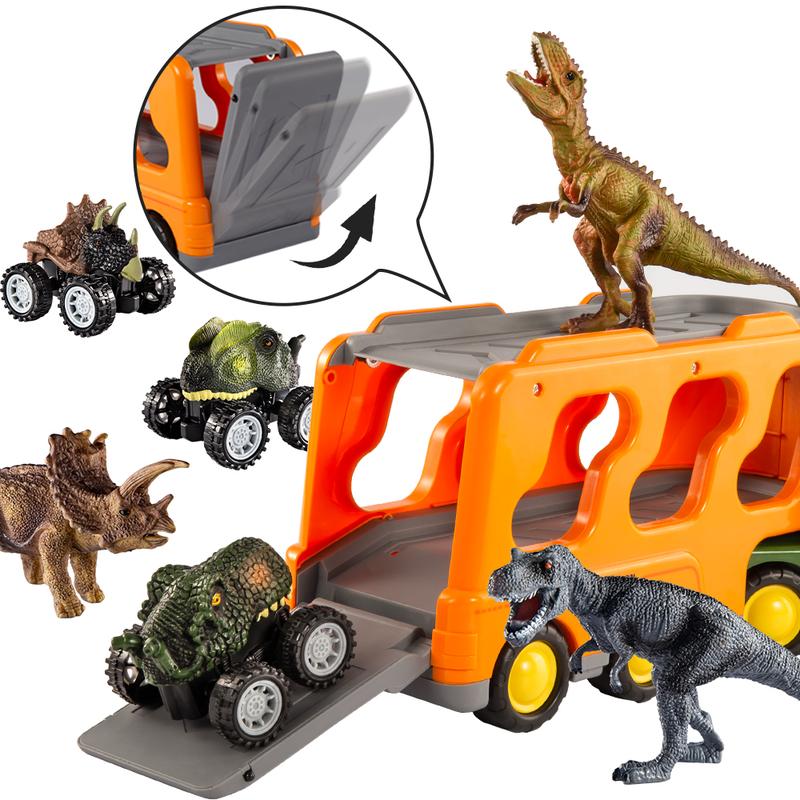 7 in 1 Dinosaur Transport Truck Toy Gifts with Mini Dinosaur lover Figures and Race Cars with Lights and Sounds Educational Play Set for Kids Birthday Christmas