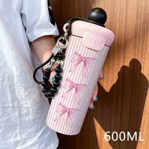 600ML Insulated Tumbler with Straw and Beaded Bracelet, Striped Bow Design, Stainless Steel, Leak-Proof, Ideal for Home and Travel