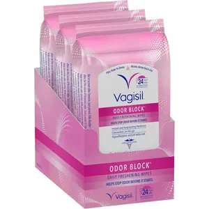 Vagisil Odor Block Daily Freshening Wipes for Feminine Hygiene in Resealable Pouch, Gynecologist Tested & Hypoallergenic, 20 Wipes (Pack of 3)