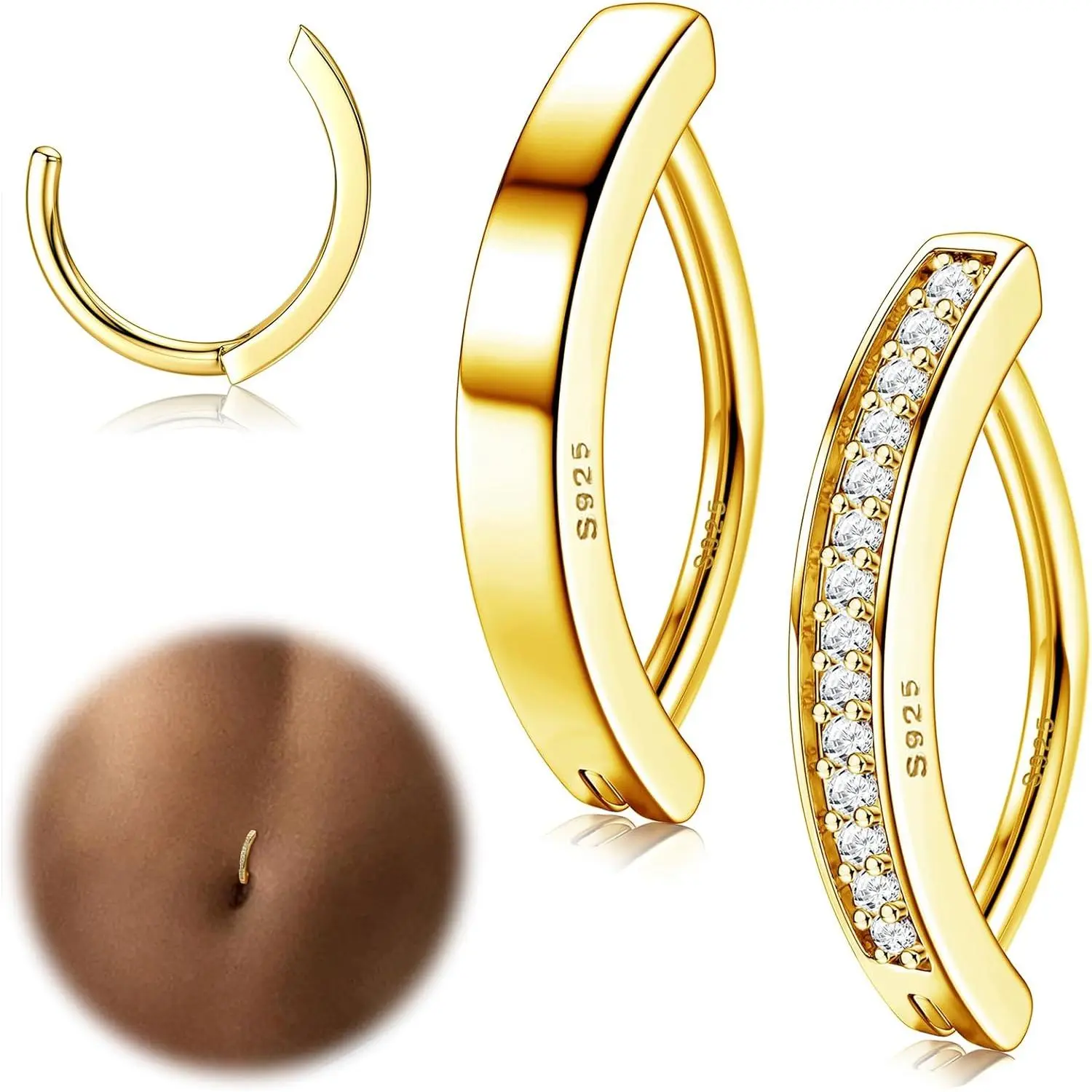 MILACOLATO 2count 14G Belly Button Rings for Women Hypoallergenic 925 Sterling Silver CZ Belly Button Ring Simple Clicker Reverse Curved Navel Rings Barbell Belly Piercing Jewelry, Body Jewelry