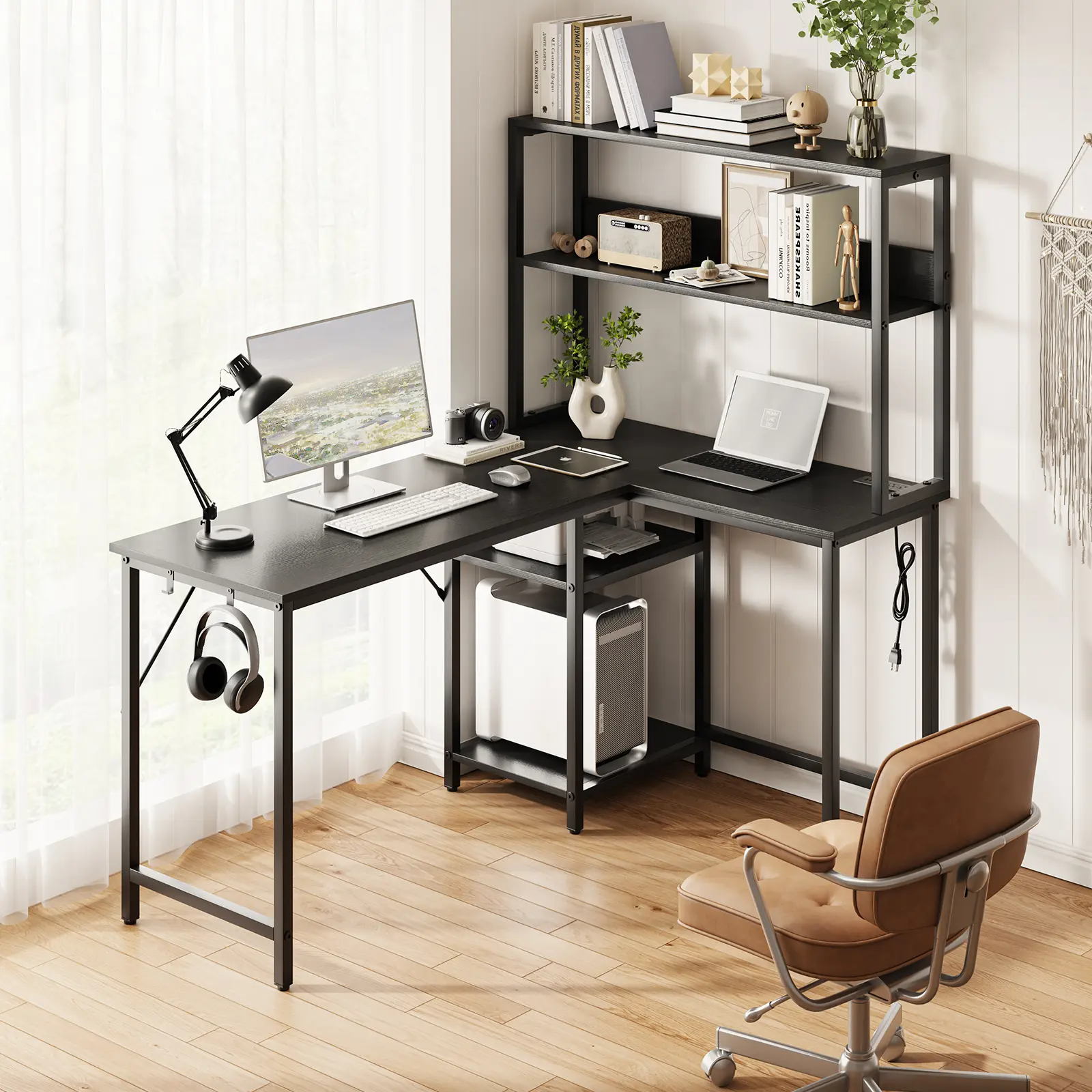 Reversible L-Shaped Gaming Desk with LED Lights, Power Outlets, Storage Shelves, Headphone Hook & Side Storage Bag for Home Office Workstations