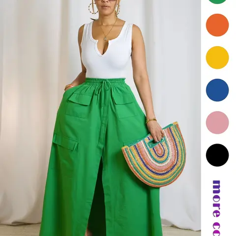 Women's Plain Woven Adjustable Drawstring High-Waist Skirt, Casual Boho Pocket Wrap Skirt for Summer, Ladies Bottoms for Beach Holiday Fits Boho Skirts