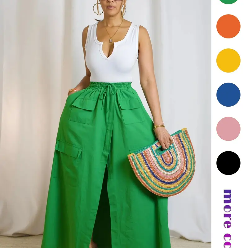 Women's Plain Woven Adjustable Drawstring High-Waist Skirt, Casual Boho Pocket Wrap Skirt for Summer, Ladies Bottoms for Beach Holiday Fits Boho Skirts