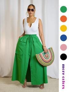 women's plain drawstring high waist  skirt, casual boho pocket wrap skirt for summer, ladies bottoms for beach holiday vacation