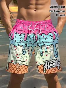 Men's Printed Geometric Summer Vacation Beach Pants, Adjustable Drawstring Waist, Suitable for Beach and Summer Outings