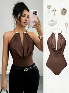 Halter One-Piece Dress, Deep V Neck Metal Collar Sleeveless Top, Slim Fit Sexy Style, Summer New Fashion, Women's Daily Date