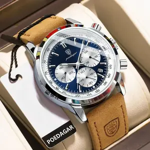 POEDAGAR Luxury Quartz Man Watch Waterproof Luminous Leather Men's Wristwatch Chronograph Fashion Military Watches