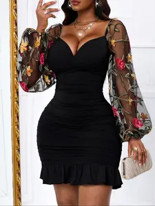 Women's Sexy Embroidered Mesh Patchwork Bodycon V-Neck Elegant Dress, Fitted Plain Design, All Seasons Fashion