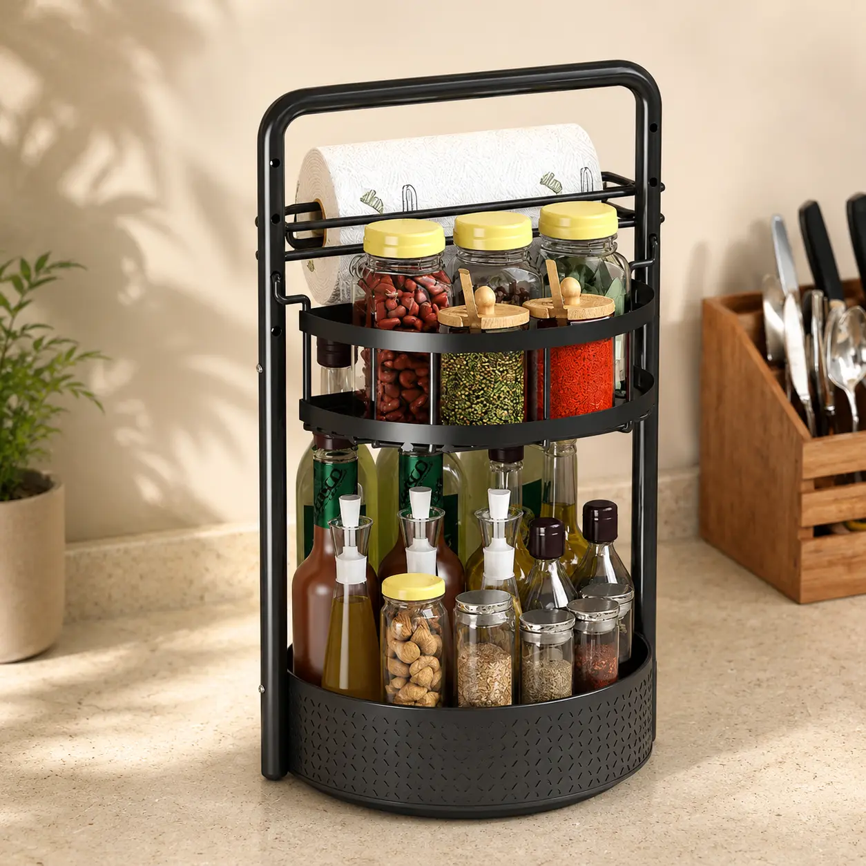360° Rotating Spice Rack Lazy Susan Turntable Organizer, 2-Tier Adjustable Metal Storage Shelf for Kitchen Countertop, Cabinet & Pantry, Spice Organizer for Oils, Seasonings, Coffee Station & Kitchen Organization