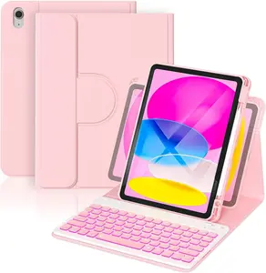 for iPad A16 Case with Keyboard 11th &10th Generation, 360 Rotation  Cover with 7-Color Backlit  Detachable Keypad with Pencil Holder for iPad 11th 2025/10 Gen 10.9" 2022 (Pink)