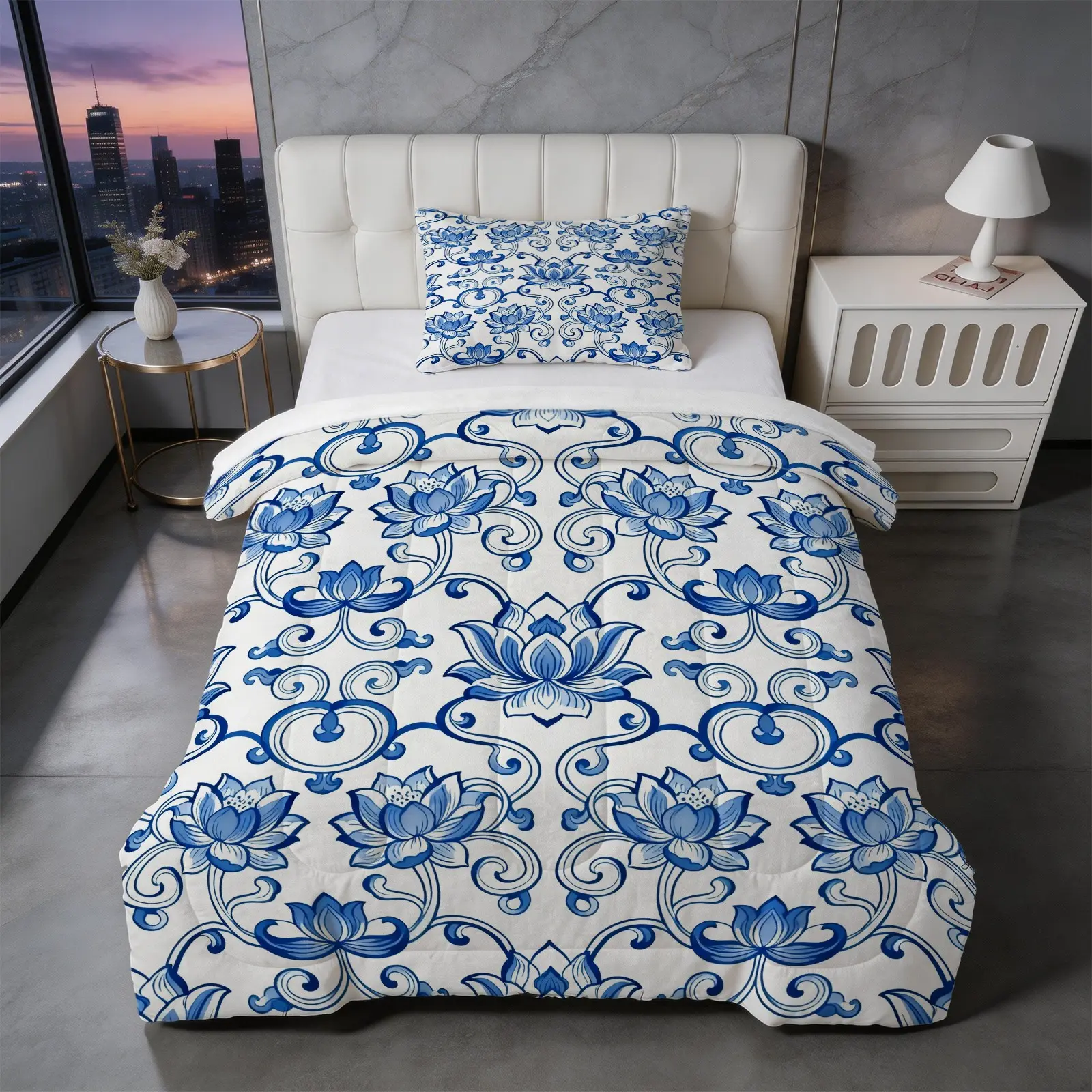 2/3 Pcs Blue and White Porcelain Lotus Comforter Set, Chinoiserie Floral Quilt Bedding Set, HD Digital Print U-Shape Stitched Bed Set, Soft Breathable All Season Bedroom Decor (No Pillow Inserts Included)