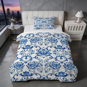 2/3 Pcs Blue and White Porcelain Lotus Comforter Set, Chinoiserie Floral Quilt Bedding Set, HD Digital Print U-Shape Stitched Bed Set, Soft Breathable All Season Bedroom Decor (No Pillow Inserts Included)