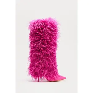 Chantel Faux Fur Knee High Boots - Pink T