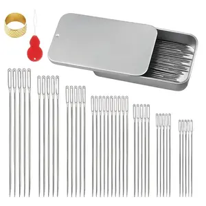 Large Eye Steel Sewing Needle Kit, Includes 40 Needles, Thimble, Pull-Through Iron Box, 2026 Stainless Steel Hand Needles, Leather Embroidery Needles, Sewing Supplies Crafts