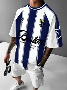 Men's Striped Print Short Sleeve Graphic Tee, Casual Style Tee, Loose Casual Street Round Neck T-shirt for Summer, Men's Top for Daily Wear, Tropical