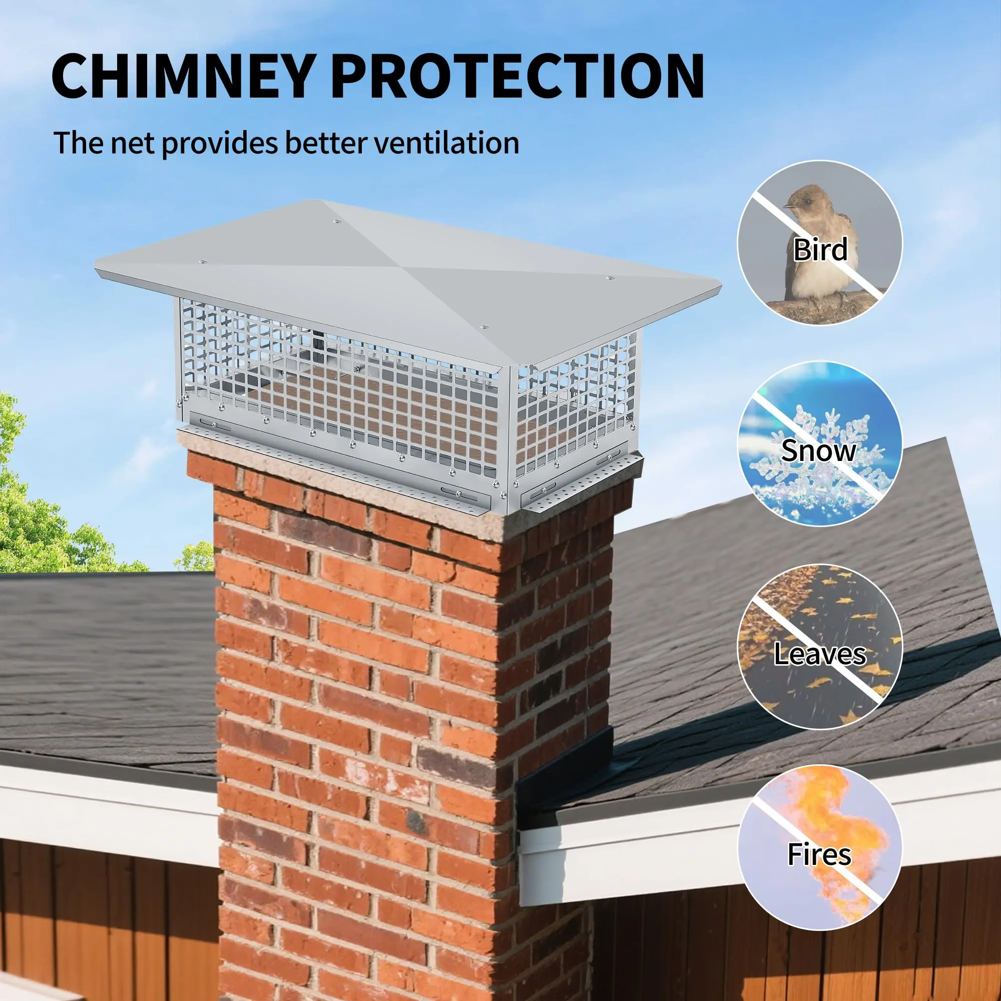 Heavy-Duty 304 Stainless Steel Chimney Cap, Heavy-Duty Spark Arrestor with Fine Mesh, Windproof Animal Guard for Clay Tile/Brick Flues,Silver