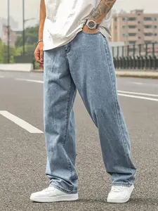 Men's Fitted Straight Leg Light Wash Plain Jeans, Casual Versatile Stylish Aesthetic Denim Long Pants, Natural Waist Zipper Fly, All Seasons Fashion, Streetwear