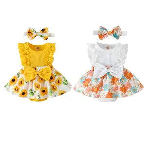 Newborn Baby Girl Clothes Floral Print Romper+Headband Ruffled Sleeveless Bodysuit Jumpsuits Infant Clothes