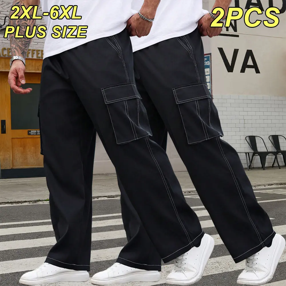 2XL–6XL Plus Size Men’s Black Straight Cargo Pants, American Retro Color-Block Stitching, Multi-Pocket Cargo Design, Loose Wide-Leg Fit, Suitable for Casual Everyday Wear and Street Style Outfits