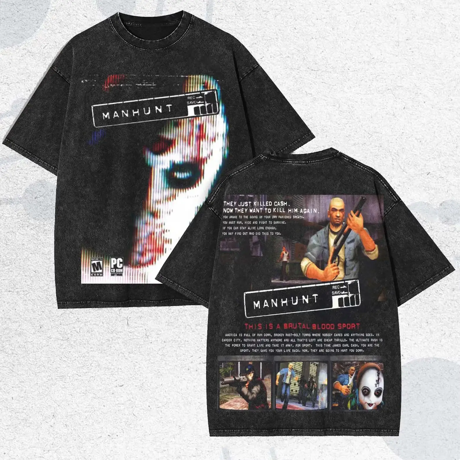 Manhunt PS2 Unisex T-Shirt, Sweater Graphic Tee, Game Lover, 2 sided Printed Unisex T-Shirt RPG graphic tees game merch Cotton Streetwear gamer top Fabric Menswear