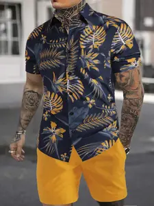 Men's Tropical Print Shirt & Drawstring Waist Shorts Set, Regular Fit Palm Tree Print Button Front Shirt & High Waist Shorts, Hawaiian Men's Two-piece Outfits for Summer Beach Vacation, Clothing, Casual Fashion Set