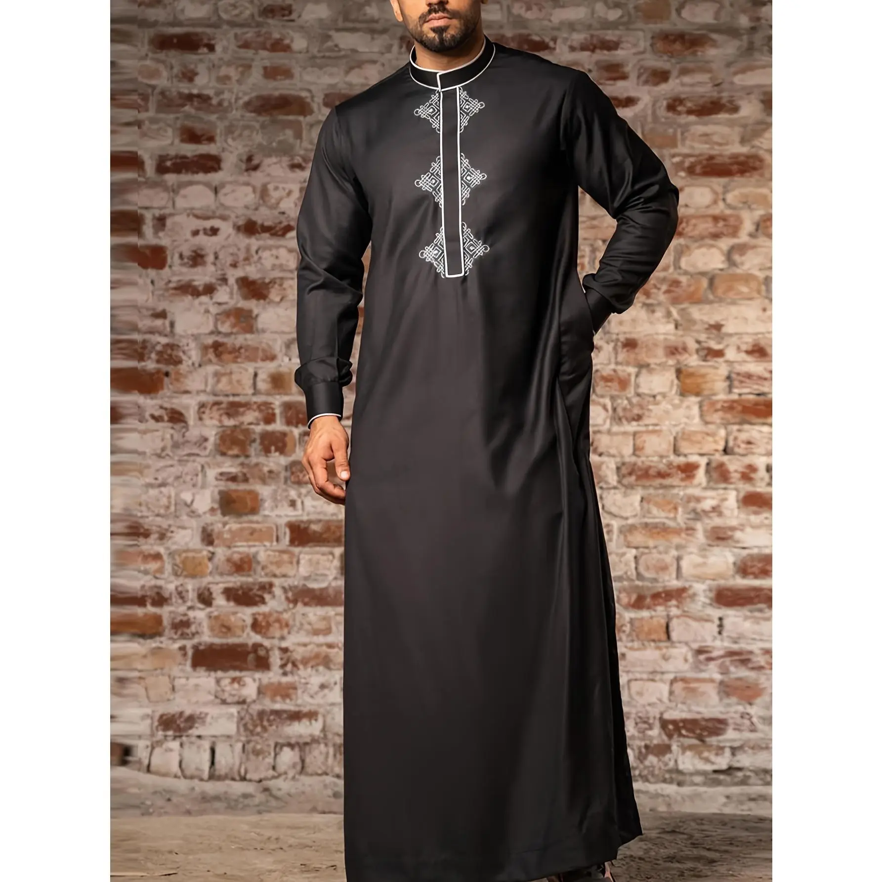 Men's Black Thobe, Traditional Arab Style with White Embroidery, Long Sleeve, Stand Collar, Pockets, Casual Clothing for Eid