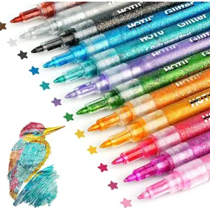Glitter Markers Pen，12 Glitter Colors Paint Pens Sparkly Metallic Shimmer Acrylic Marker Fine Point Tip 0.7mm Water-based Ink for Kids Adults DIY Crafts Greeting Birthday Cards