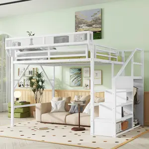 Eyisean Queen/Full Size Loft  with Stairs and Storage, Metal Loft  Frame with Bedside Shelf and Large Under- Space, DIY Staircase Left & Right Positions, Heavy-Duty for Adults Bed