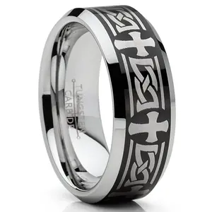 Men's Tungsten Ring Christian Cross Celtic Wedding Band Laser Etched Black 8MM 7-15