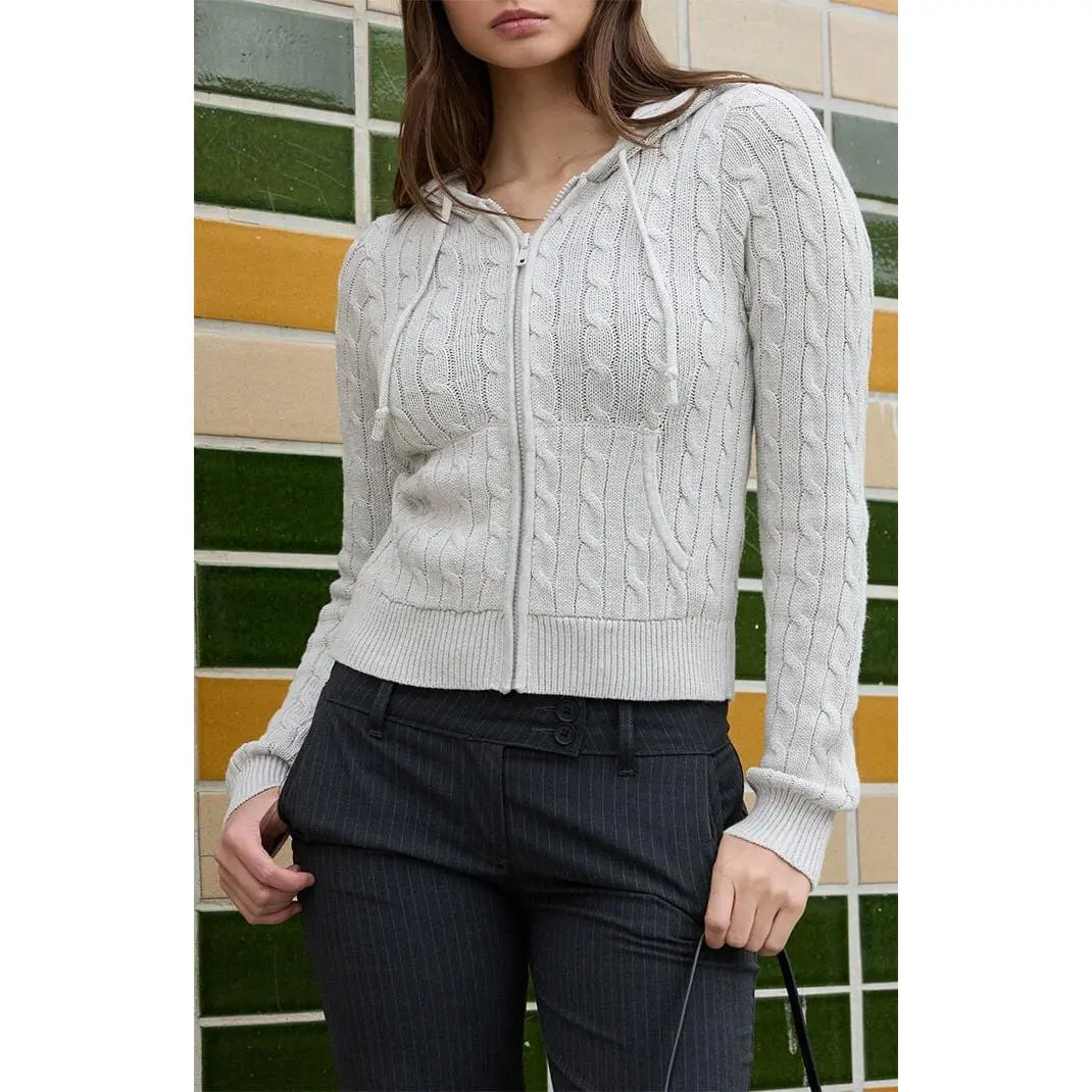 John Galt Women's Gray Cable Knit Hooded Sweater John Galt Women's Gray Cable Knit Hooded Sweater