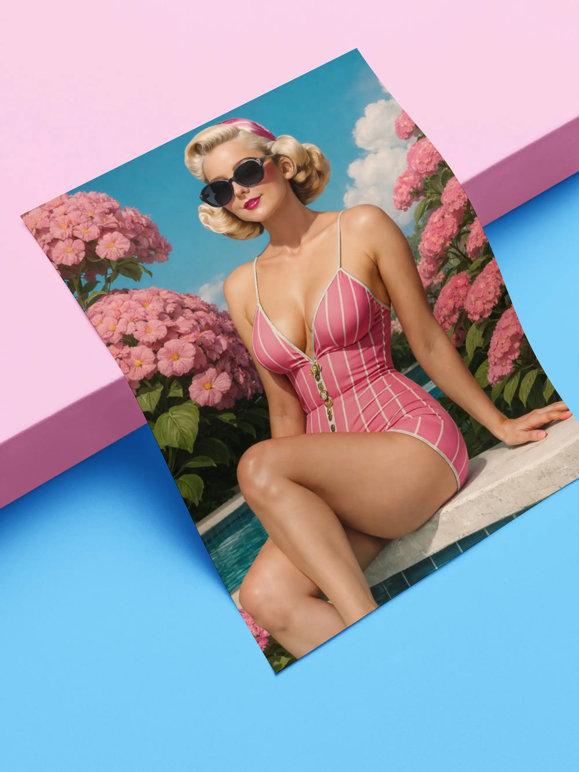 Retro Pin-Up Swimsuit Poster Satin Poster | Vintage Poolside Pinup Art