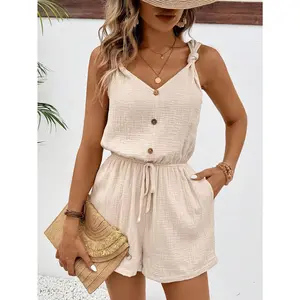 Frenchy Women Texture Button Decor Elastic Waistband Summer Simple Casual Jumpsuit Shorts Women Rompers Khaki Shorts Women Linen Jumpsuit Comfy Jumpsuit