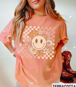 Smiley Face Shirt, Flower Shirt, Retro Smile Face, Trendy Vintage Graphic Tee, Checkered T-shirt, Plus Size Happy Face Tshirt